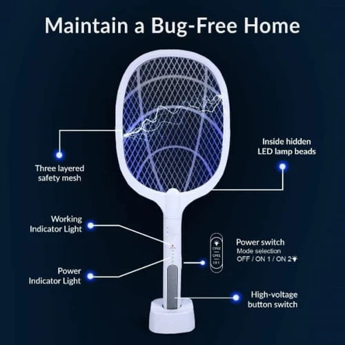 Rechargeable Mosquito Racket with Stand – Electric Insect Killer Bat