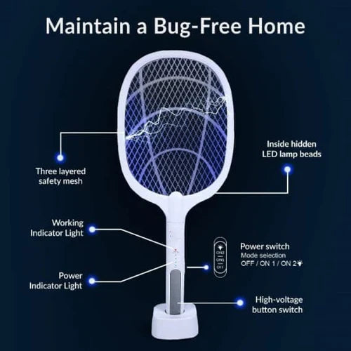 Rechargeable Mosquito Racket with Stand – Electric Insect Killer Bat